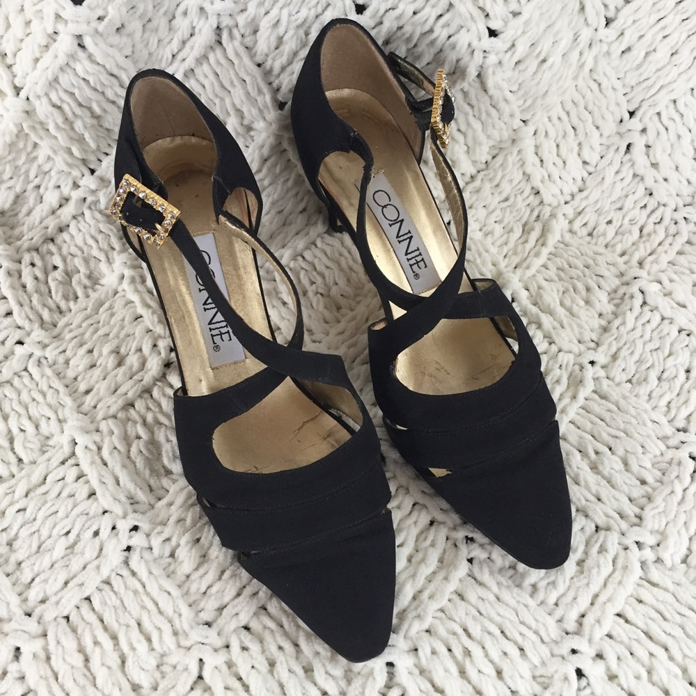 Vintage Connie Black Strappy Heels with Gold and Rhinestone Buckle Criss Cross